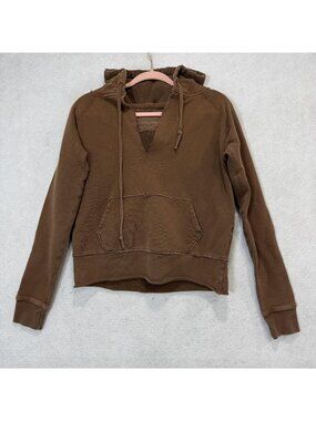 Nili Lotan Hoodie Womens XS Brown Terry V Neck Pullover Kangaroo Pocket Raw Hem